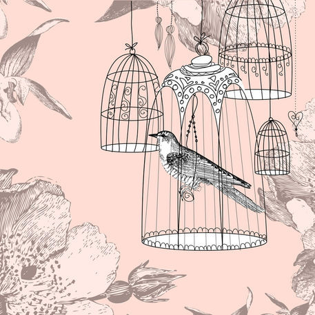 Beautiful Birds on Vintage Bird In A Cage  Grafik Illustration Als Poster Und Kunstdruck